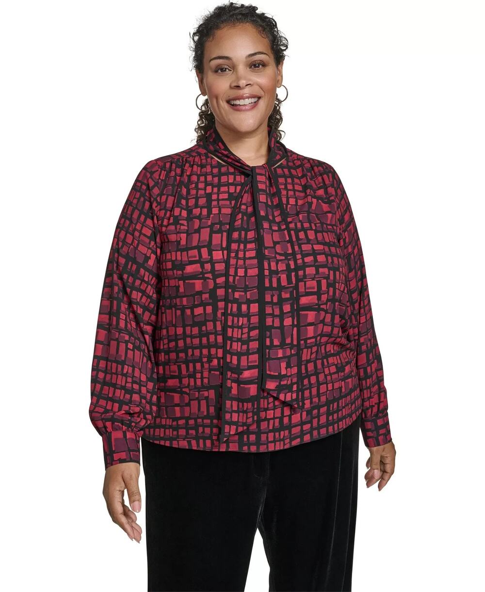 Calvin Klein Top Women Small Red Black Geometric Tie-Neck Blouse Preppy Boho NWT